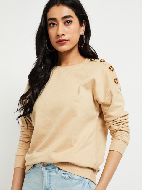 

max Women Beige Solid Round Neck Pure Cotton T-shirt