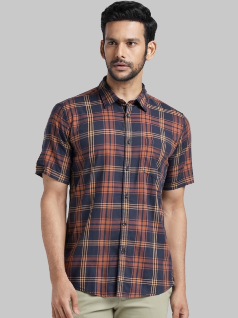 

Parx Men Blue & Orange Slim Fit Checked Casual Shirt