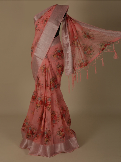 

Pothys Peach-Coloured Floral Printed Linen Blend Saree