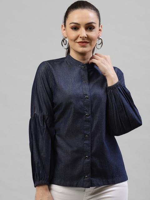 

KASSUALLY Women Navy Blue Regular Fit Solid Chambray Casual Shirt