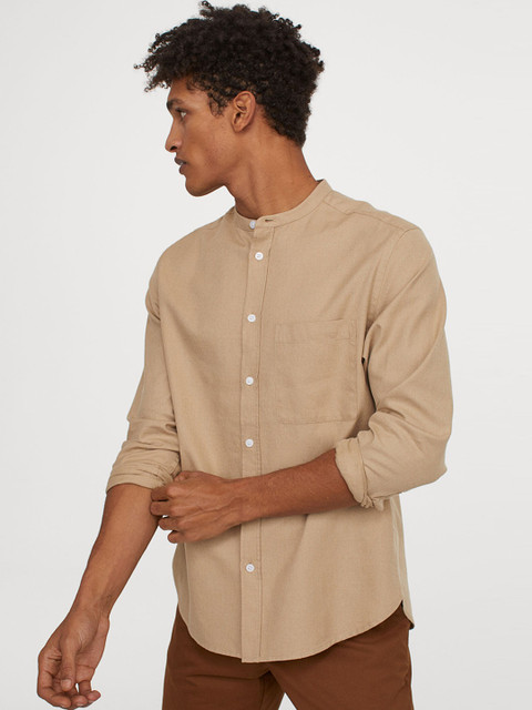 

H&M Men Beige Solid Cotton Grandad Shirt
