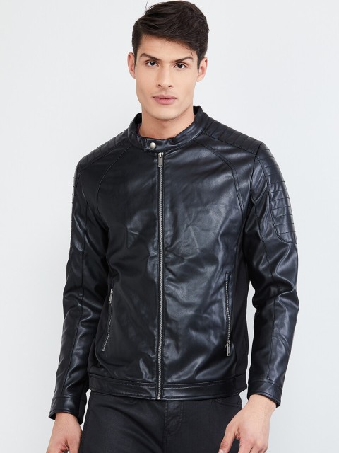 

max Men Black Solid Biker Jacket