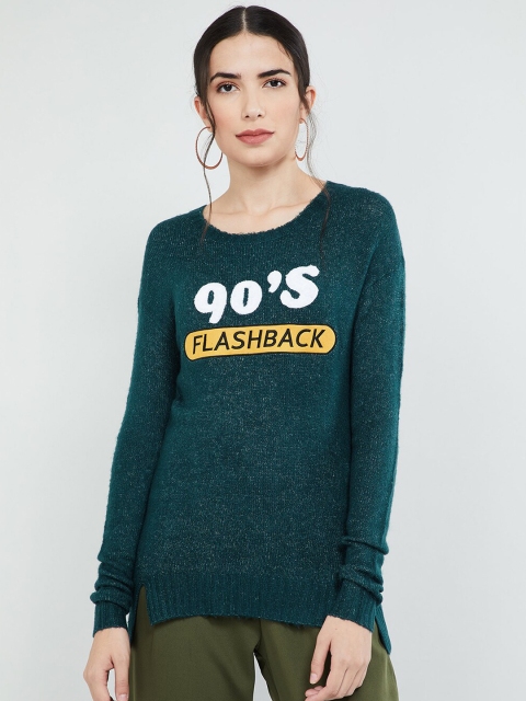 

max Women Teal Green & White Solid Pullover Sweater