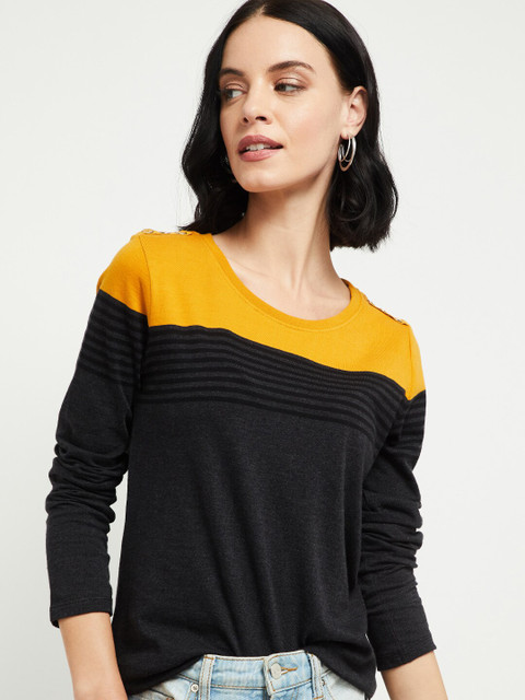 

max Women Black & Mustard Yellow Colourblocked Round Neck T-shirt