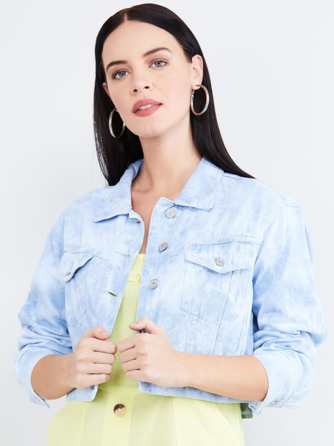 

max Women Blue Solid Denim Crop Jacket