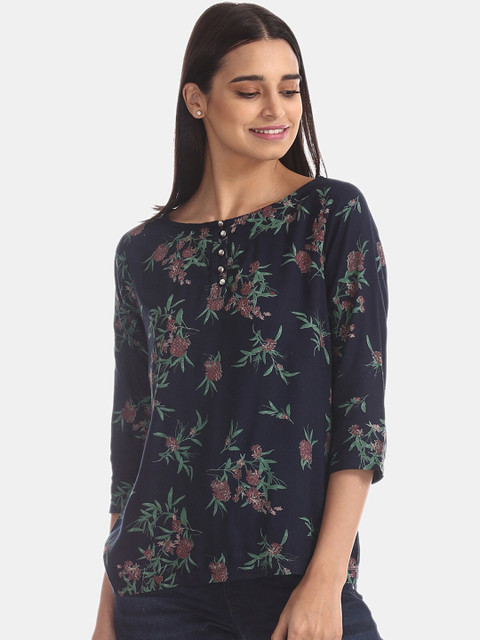 

Cherokee Women Navy Blue & Green Floral Printed Top