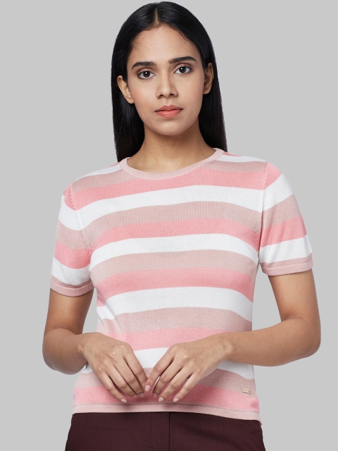 

Park Avenue Woman Women Pink & Beige Striped Round Neck T-shirt