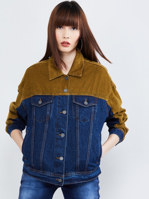 

max Women Blue Colourblocked Denim Jacket