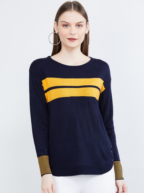 

max Women Navy Blue & Yellow Pullover Solid Sweater