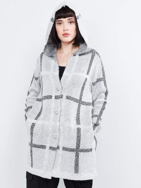 

max Women Grey Checked Patterned Knit Hooded longline Cardigan Sweater