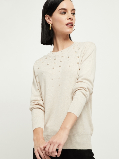 

max Women Cream-Colour Embellished Pullover Sweater