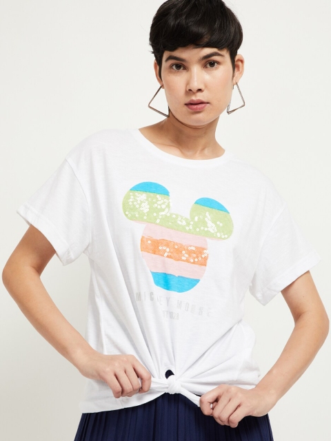 

max Women White & Green Mickey Mouse Printed Round Neck T-shirt