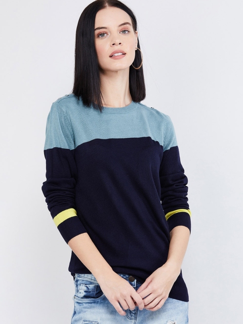 

max Women Navy Blue Colourblocked Pullover Sweater