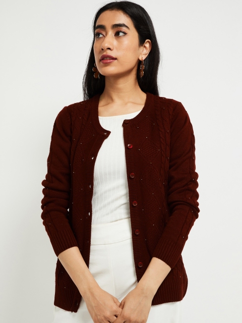 

max Women Red Self-Design Cardigan, Coffee brown