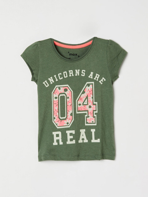 

max Girls Olive Green & White Printed Round Neck T-shirt