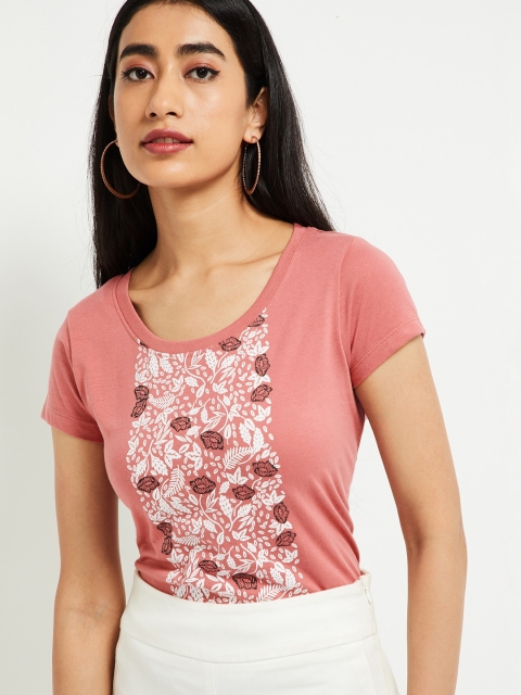 

max Women Pink Printed Round Neck Cotton T-shirt