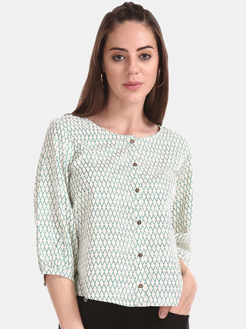

Bronz Women Off-White & Green Printed Top