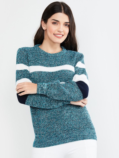 

max Women Teal Blue & White Striped Pullover