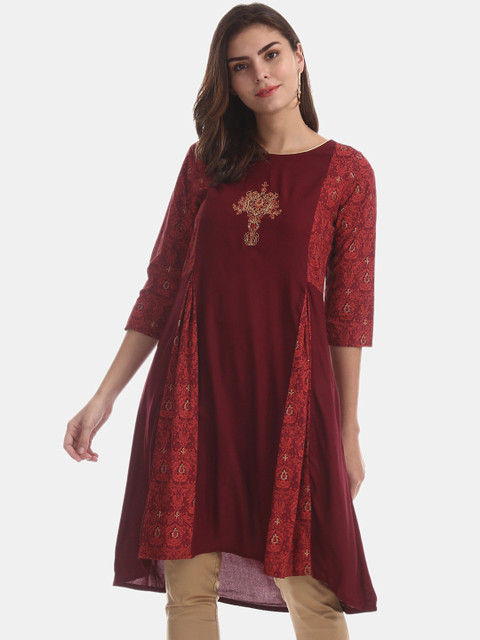 

Karigari Women Maroon Printed A-Line Kurta