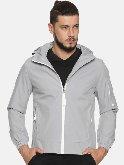 

SHOWOFF Men Grey Solid Hooded Bomber Jacket
