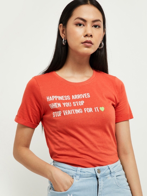 

max Women Coral Red Printed Round Neck T-shirt