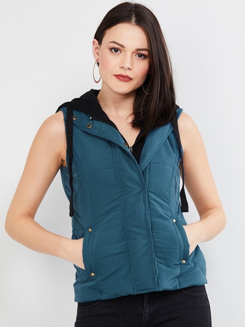 

max Women Blue Solid Padded Jacket