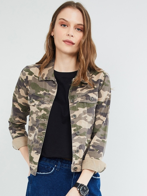 

max Women Olive Green & Beige Printed Denim Jacket