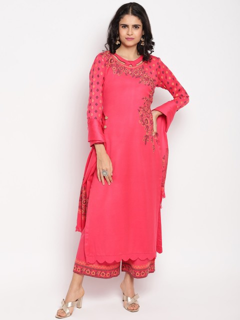 

HK colours of fashion Coral Pink & Yellow Viscose Rayon Unstitched Dress Material