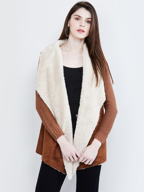 

max Women Tan Colourblocked Open Front Jacket