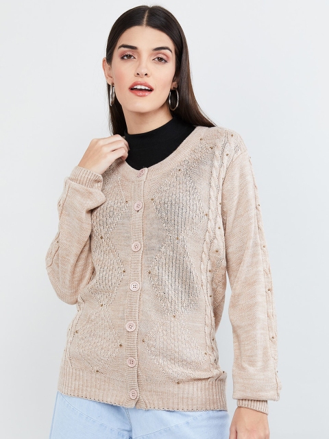 

max Women Beige Self-Design Embellished Cardigan