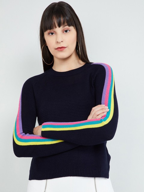 

max Women Navy Blue Self Design Striped Pullover Sweater