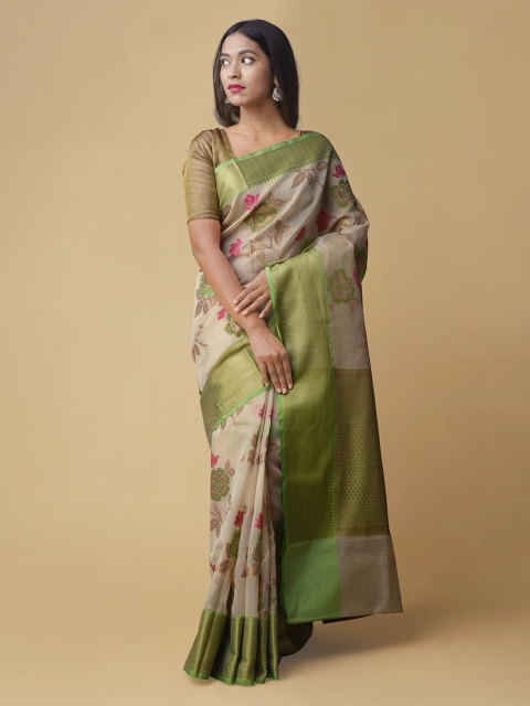 

Unnati Silks Brown & Green Silk Cotton Printed Banarasi Saree