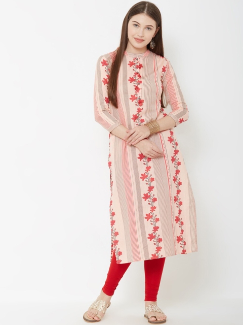 

FASHOR Women Peach-Coloured & Red Floral Printed Straight Kurta