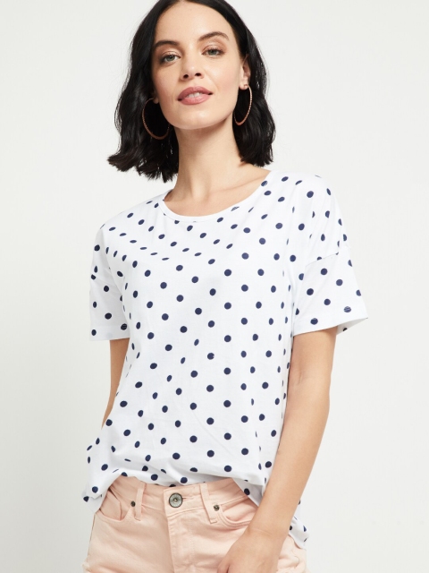 

max Women White Navy Blue Polka Dot Printed Round Neck Pure Cotton T-shirt