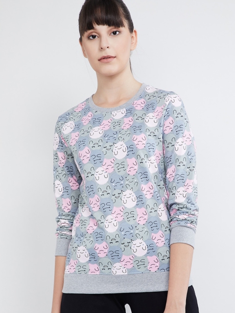 

max Women Grey Melange & Pink Printed Sweatshirt