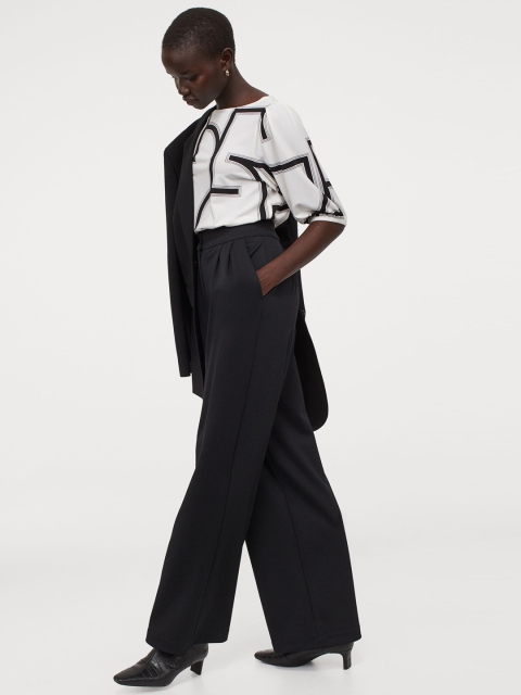 H&M Women White Printed Puff-Sleeved Boat-Neck Top
