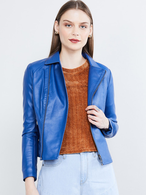 

max Women Blue Solid Biker Jacket