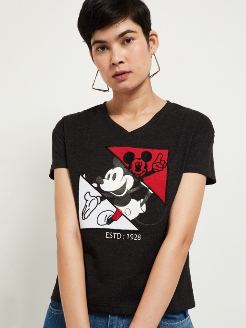 

max Women Charcoal Grey & White Printed V-Neck T-shirt