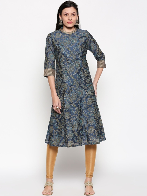 

RANGMANCH BY PANTALOONS Women Navy Blue Woven Design A-Line Kurta
