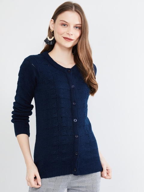 

max Women Navy Blue Self Design Cardigan