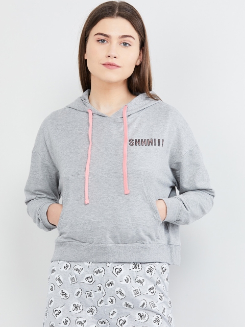 

max Women Grey Melange Solid Hooded Sweatshirt