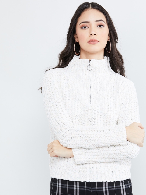 

max Women White Self-Design Pullover Sweater