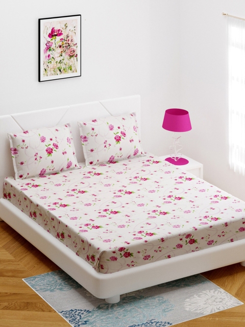 

BOMBAY DYEING White & Pink Cotton One King Bedsheet With 2 Pillow Covers