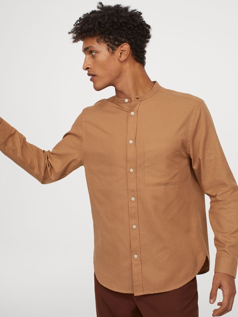 

H&M Men Brown Solid Cotton Grandad Shirt