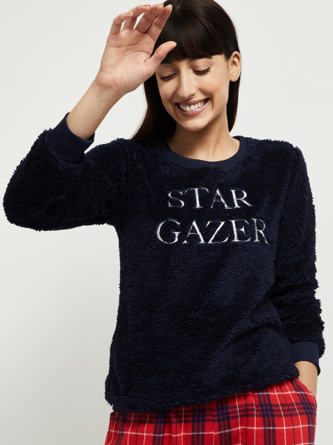 

max Women Navy Blue & White Embroidered Fuzzy Pullover Sweater