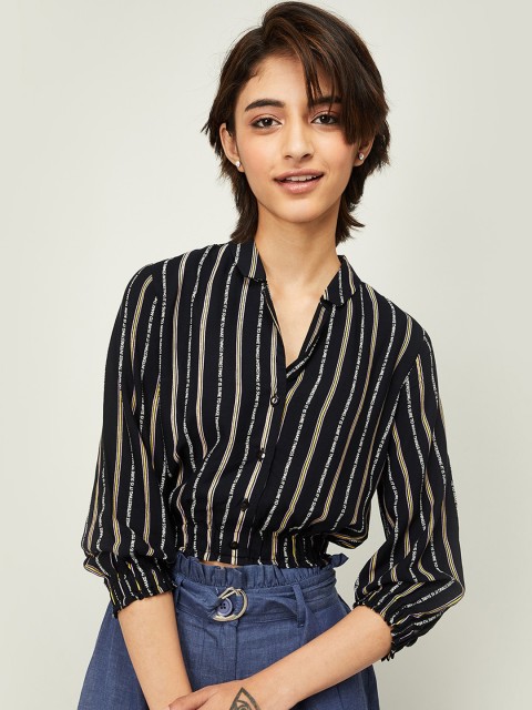 

Ginger by Lifestyle Women Black & Brown Regular Fit Striped Casual Shirt