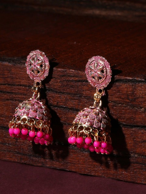 

OOMPH Pink & Gold-Toned Brass-Plated Hand Painted Dome Shaped Jhumkas