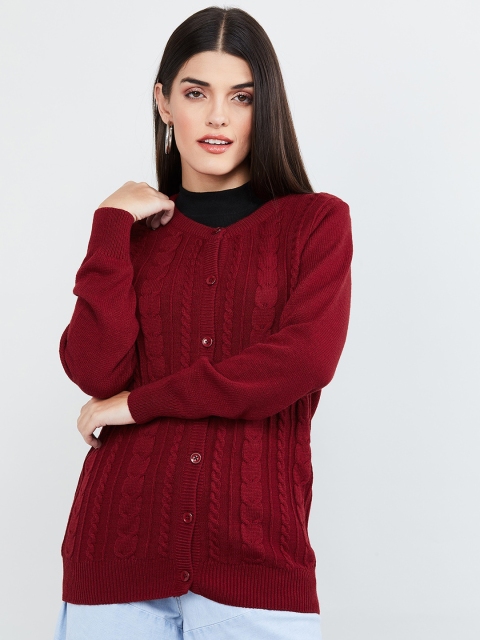 

max Women Maroon Knit Patterned Self Design Cardigan