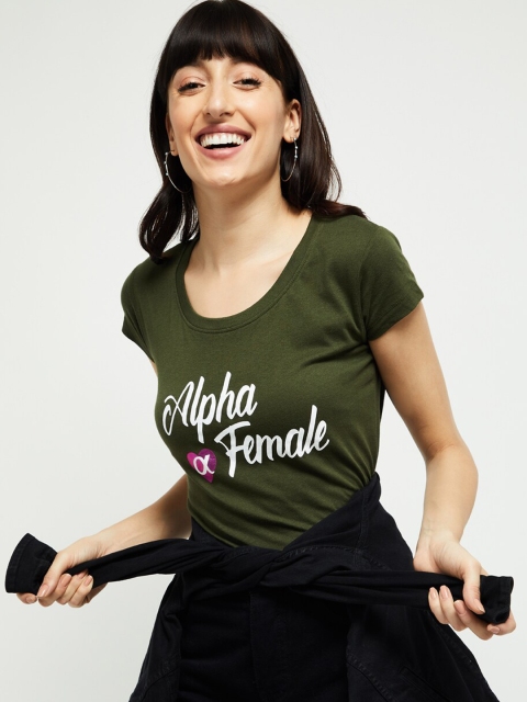 

max Women Olive Green & White Printed Scoop Neck T-shirt