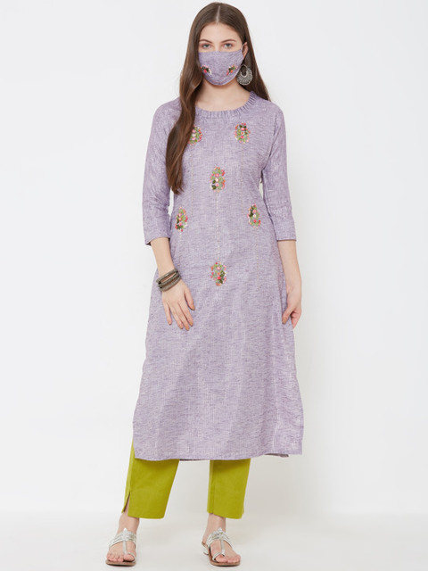 

FASHOR Women Lavender Green Embroidered Straight Kurta